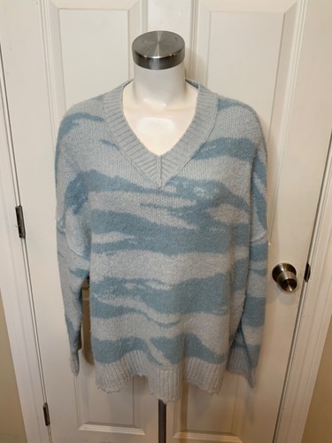 AllSaints Blue Animal Striped V-Neck Knit Sweater, Size Large
