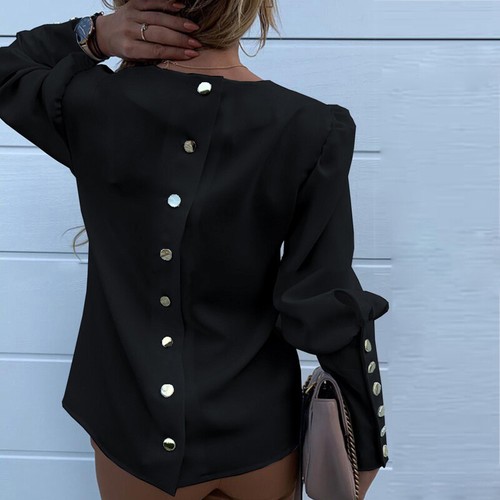 Women Blouse O-Neck Button Long Sleeve Pullover Shirt Puff Shoulder Tops Fashion - Picture 9 of 53