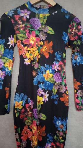 Asos Petite Midi Dress Womens 8 Black Floral Long Sleeve Knee Length Bodycon - Picture 8 of 11