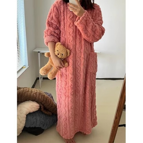 Winter Flannel Nightgowns Women Loose Sleepwear Jacquard Night Dress Thickened - Picture 6 of 22