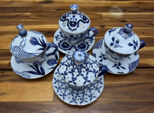 NIB Set of 4 Bombay Company Blue/White & Gold Porcelain Tea Set w/ lids, 12pcs