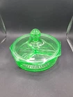 Vintage Divided Dish Depression Green Uranium Vasolin Glass Etched W/ Lid