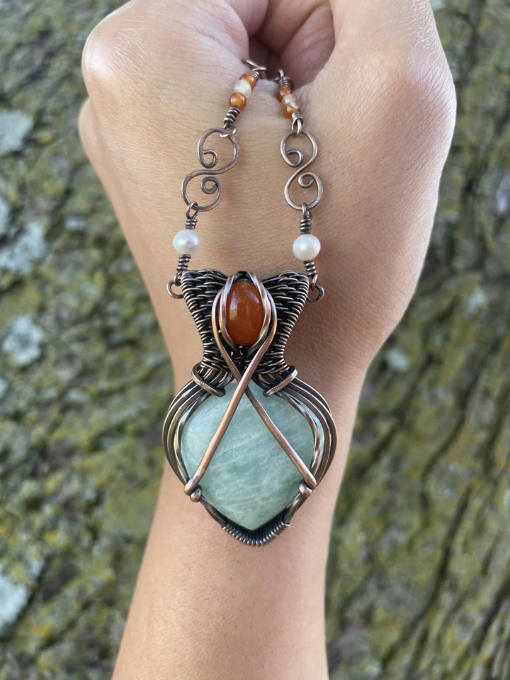 Precioso collar hecho a mano de amazonita y cornalina con perlas Foto 2 de 4