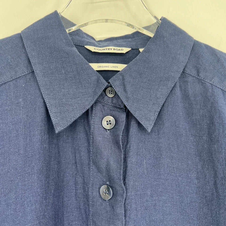 Top Country Road Mujer 12 Lino Orgánico Azul Cuello Abotonado Clásico Scandi Foto 3 de 4