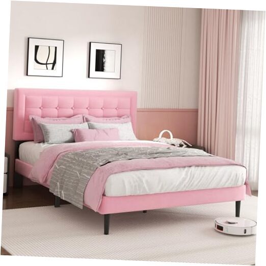 Queen Size Bed Frame with Headboard, Platform Bed Frame with Velvet