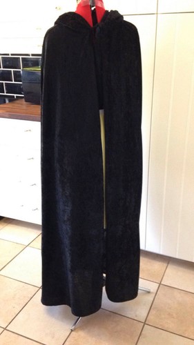 Black hooded cloak, hood lined in wine Crushed Velvet wizard witch - Picture 3 of 4