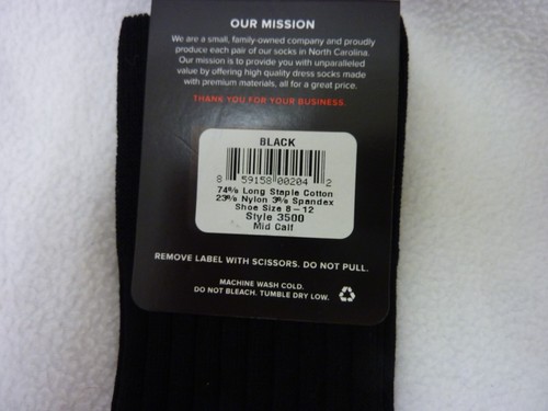 NEW BOARDROOM SOCKS RIBBED MID CALF BLACK COTTON BLEND STYLE 3500 SIZE 8-12 - Picture 4 of 4