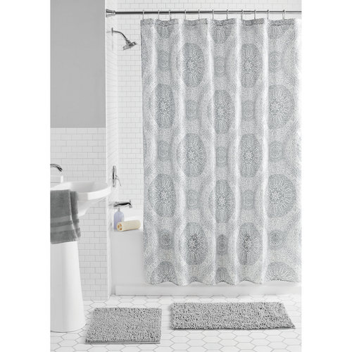 Medallion 15-Piece Silver Polyester Shower Curtain Set
