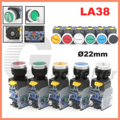 LA38 Ø22mm Push Button Switches On Off Momentary Latching Red Black Blue Yellow
