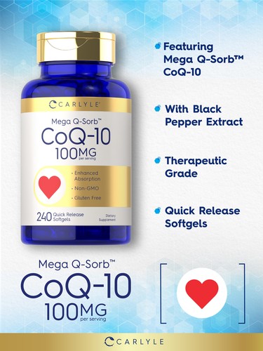 CoQ10 100mg | 240 Softgels | Coenzyme Q-10 & Black Pepper Extract | by Carlyle - Picture 4 of 8