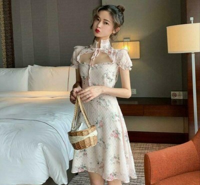 New Women's Girls Fashion Sweet Lolita Floral Dress Mori girl Puff sleeve skirt 