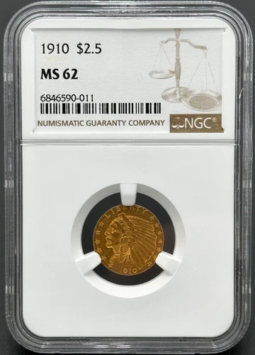 1910 P $2.5 Gold Indian Head Uncirculated Quarter Eagle, NGC MS-62