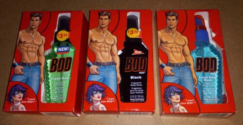 3pks 2006 Bod Man Body Spray "Ripped Abs" 3.4oz Vintage Black, Fresh Guy, Musk