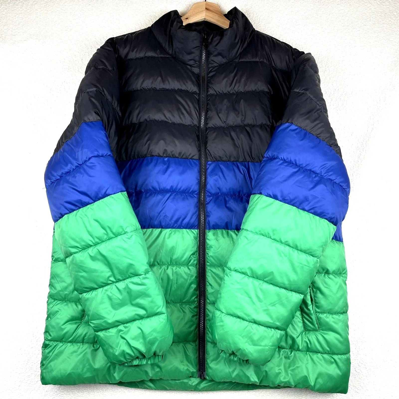 Nordstrom Holiday Puffer Jacket Men L Blue Green Colorblock Recycled Poly EUC