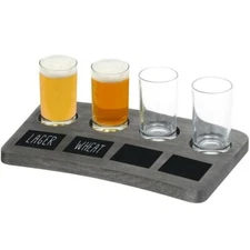 Vintage Beer Flight Set Includes 4 Glasses, Wood Tray with Chalkboard Labels