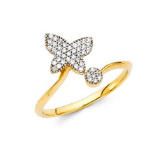 Womens 14k Yellow Real Gold CZ Butterfly Round Milgrain Fancy Ring Band Size 7