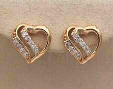 Pretty New 18K Yellow Gold Filled Clear CZ Heart 10mm Stud Earrings w/Accents