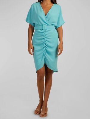 $299 Trina Turk Women's Blue Shirred V-Neck Belted Zest Sheath Dress Size 6