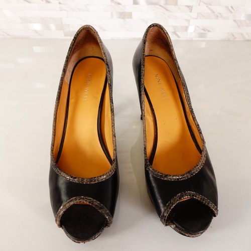 Nine West Shoes Womens Leather 7 Black Sandals Slide Pump Snakeskin Peep Slip - Picture 6 of 11