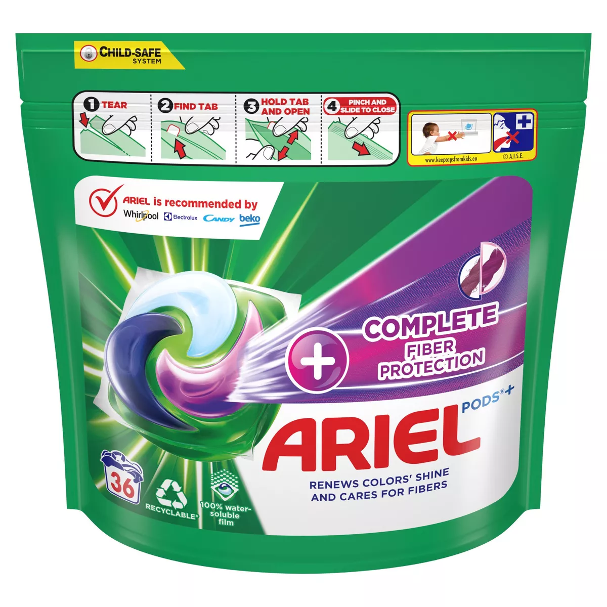 ARIEL COMPLETE FIBER PROTECTION Laundry Capsules 36 Washing Machine Pods Bag