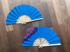 2 Blue Fans Hand Bamboo Cloth Handmade Indonesia New Avenico Abenico Summer 628F