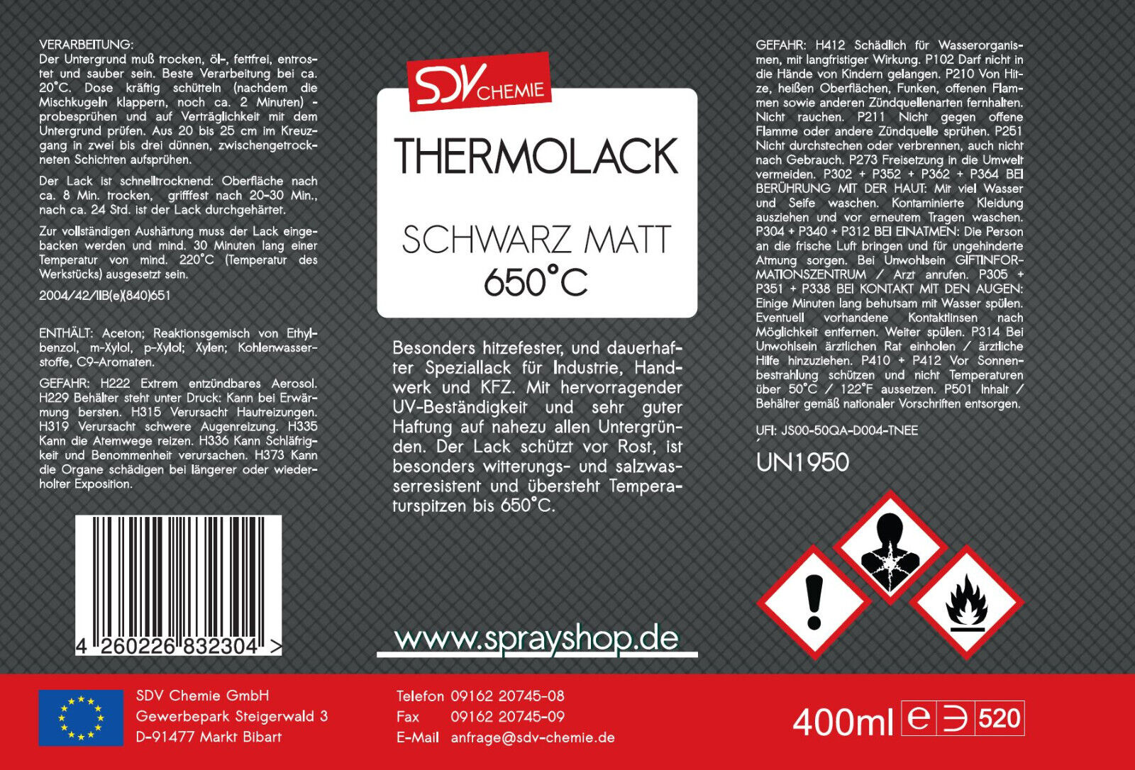 Auspufflack Thermolack Motorlack Autolack Spray schwarz bis 650°C 1x 400ml