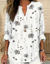 Boho Plus 20 2x Silky White Grey Floral Casual Notched V Neck Blouse