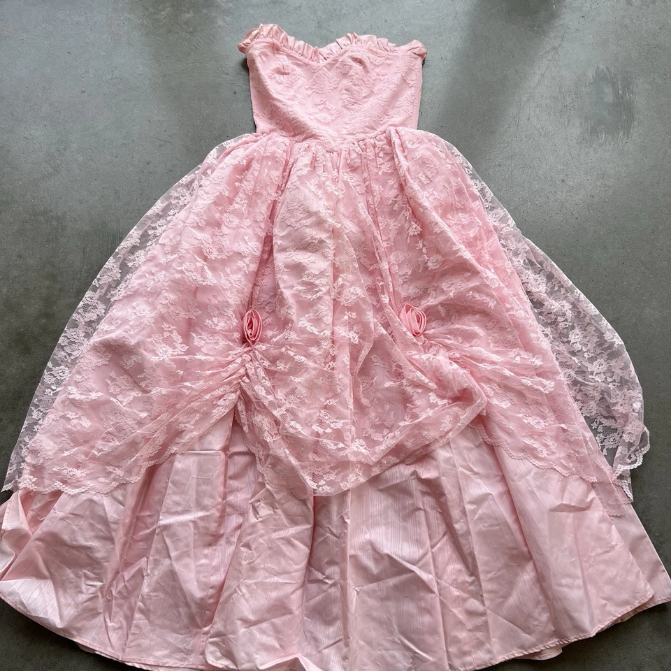 Vestido rosa vintage años 60 encaje fiesta formal vestido rosa hecho a mano graduación sin tirantes Foto 2 de 4