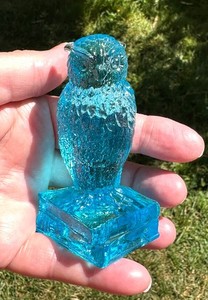 Degenhart Glass Wise Old Owl on Books Aqua Blue