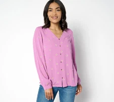 Denim & Co. Rayon Crinkle Embroidered Long Sleeve Blouse Shirt Wisteria S New