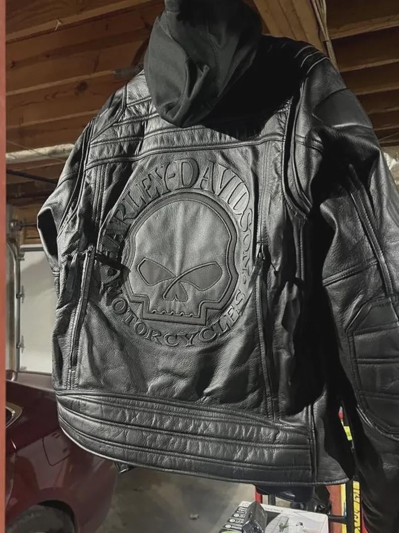 Men Harley Davidson Auroral II 3-in-1 Removable Hood Leather Skull Biker Jacket