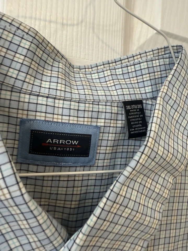 Arrow Mens Shirt 3XL Short Sleeve 2 tone Blue Plaid Collar Button Up Pocket XXXL - Image 2 of 2