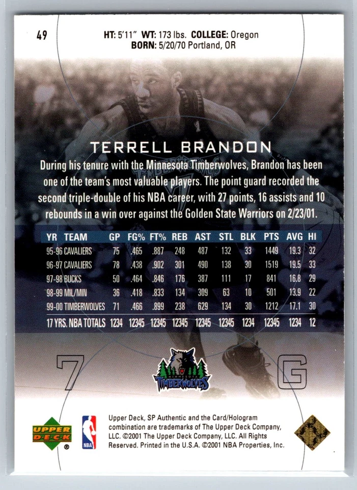 2000-01 Upper Deck SP Authentic Terrell Brandon Minnesota Timberwolves #49 - Image 2 of 2