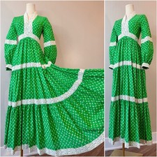 Vintage 1970s Green Prairie Dress Retro Cottagecore 70s Hippie Boho Victor Costa