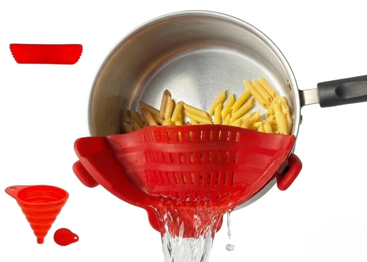 3 Pack Silicone Clip On Pasta Strainer For Pots Colander Funnel Peeler
