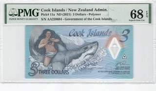 Cook Islands 3 Dollars 2021 P 11a PMG 68 EPQ