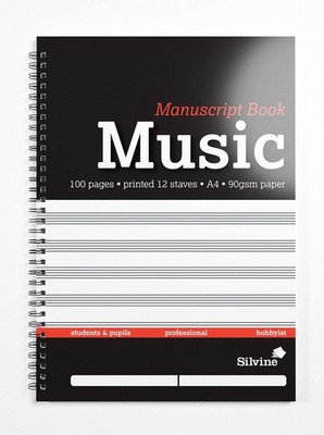 Silvine A4 Musik Manuskript Buch - gedruckt 12 Stab (100 Seiten) schwarz 