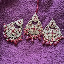 Elegant Gold-Plated Chandelier Earrings and Maang Tikka Set  Beads Jewelry Set