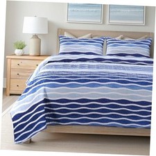 3-Piece Quilt Set - Size with 2 Shams, Coastal Beach House Queen Blue Wave
