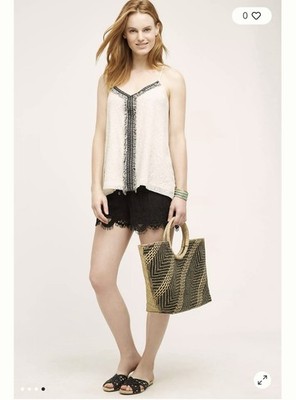 Anthropologie Akemi + Kin ivory black lace fringe v-neck spaghetti strap tank S