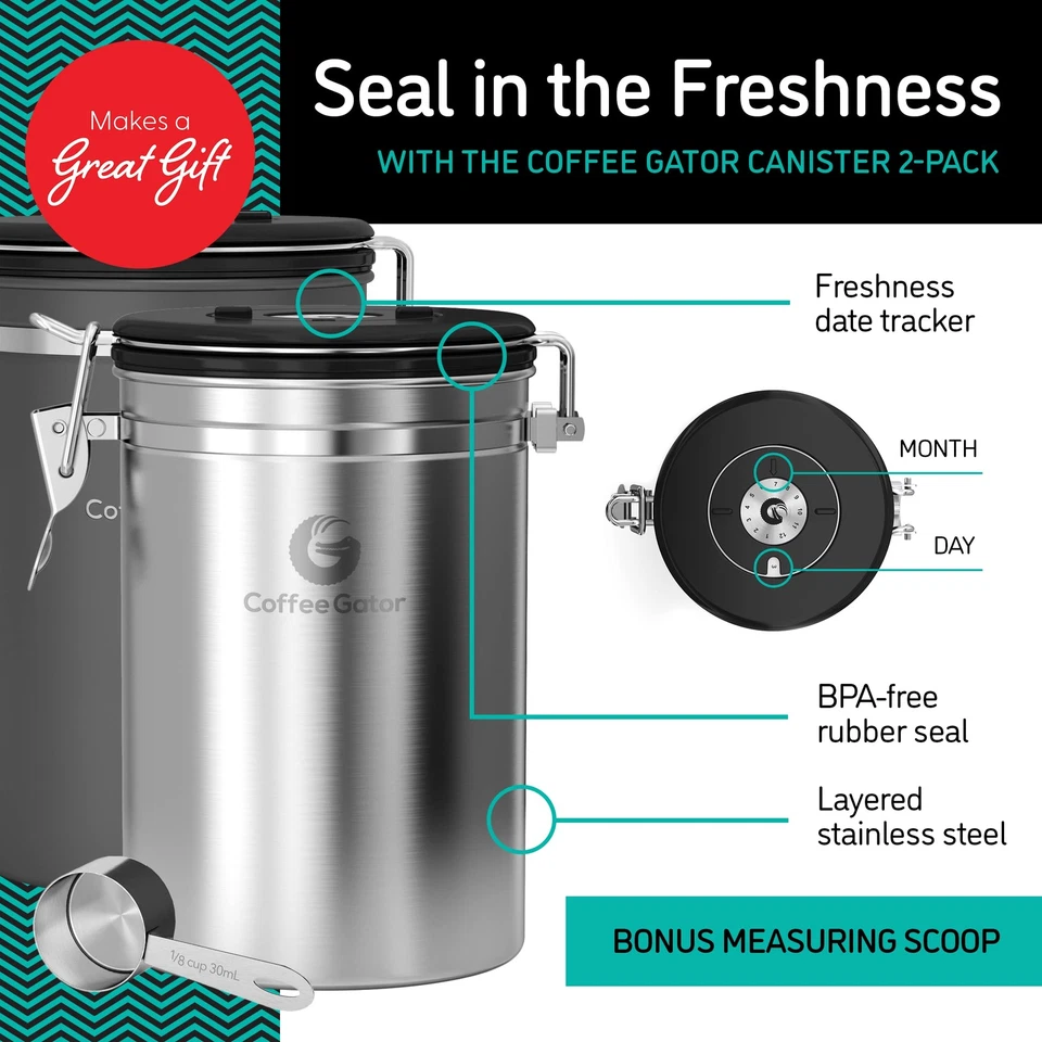 Bote de café Coffee Gator, paquete de 2 alimentos herméticos de cocina de acero inoxidable de 22 oz... Foto 2 de 4