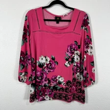 JM Collection Blouse Women's M Pink Floral Square Neck 3/4 Balloon Sleeve