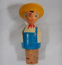 Handcarved Cork Stopper Barware Japan Boy Overalls Yellow Hat Vintage