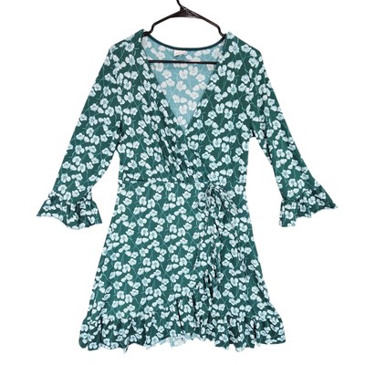 Gina Tricot Dress sz M Women A Line Floral Green Faux Wrap Ruffle Hem Fairy
