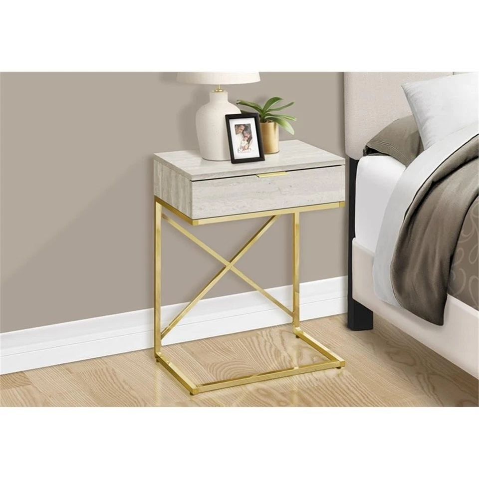 Accent Table Side End Nightstand Lamp Bedroom Metal Beige Marble Look - Image 4 of 4