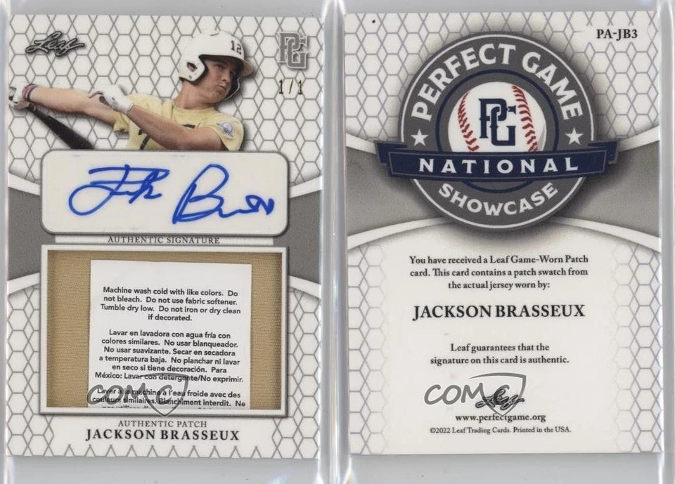 2022 Leaf Perfect Game National Showcase 1/1 Jackson Brasseux Patch Auto 4f5 - Image 3 of 3
