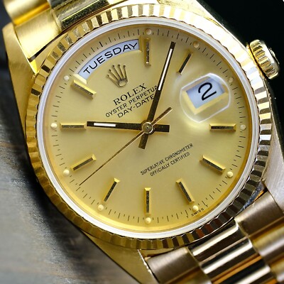 Rolex Day-Date 18238 Gold Factory Champagne Dial Fluted Bezel 36mm
