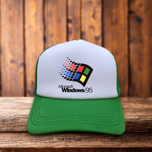 Microsoft Windows '95 Mens Trucker Hat Green 90s Technology Computers Ball Cap - Picture 1 of 6