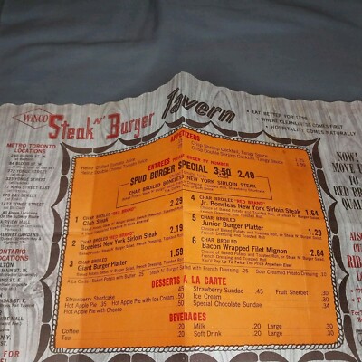 Steak N' Burger Tavern Toronto Ontario Canada Paper 14x9'' Menu