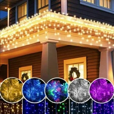 96-480 LED Hanging Icicle Curtain Lights Outdoor Fairy String Xmas Wedding Lamp